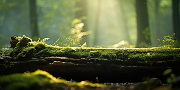 Weiches Moos bedeckt einen alten Baumstamm in einem mystischen, vom Sonnenlicht gefilterten Wald.