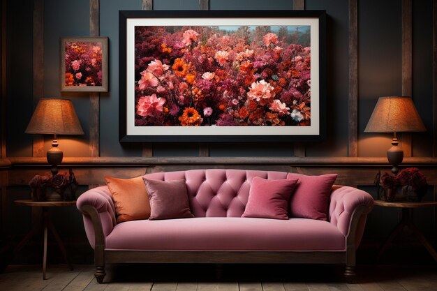 Weichheit von Form und Farbe GrauPink Minimalismus mit Sofa und stilvollem Bilderrahmen