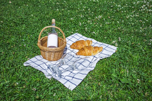 Weidenkorb mit Flasche auf kariertem Stoff auf Gras