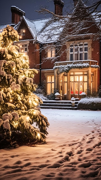 Weihnachten auf dem Land Herrenhaus Englisches Landhaus, dekoriert für Feiertage an einem verschneiten Winterabend mit Schnee und Weihnachtsbeleuchtung. Design für frohe Weihnachten und frohe Feiertage