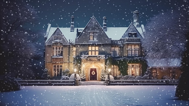 Weihnachten auf dem Land Herrenhaus englisches Landhaus Herrenhaus für Feiertage in einem schneebedeckten Winterabend mit Schnee und Weihnachtslichtern Merry Christmas und Happy Holidays Design