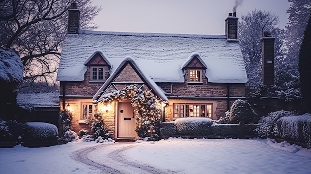 Foto weihnachten auf dem land, hütte und garten, dekoriert für feiertage an einem schneebedeckten winterabend mit schnee und feiertagslampen, inspiration für englisches country-styling