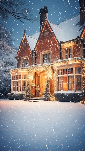 Weihnachten auf dem Land Manor englisches Landhaus Herrenhaus geschmückt für Feiertage an einem schneebedeckten Winterabend mit Schnee und Weihnachtslichtern Frohe Weihnachte und frohe Feiertage