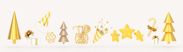 Weihnachten Icon Set 3d render Goldbäume Geschenkboxen Zuckerstange mit Schleife Knallkörper mit Konfetti gestreifter Partyhut und Sterne Neujahrsdekorationen isoliert auf weißem Hintergrund 3D-Darstellung