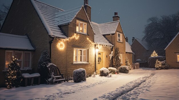 Weihnachten im Landhaus und im weihnachtlich dekorierten Garten an einem verschneiten Winterabend mit Schnee und Weihnachtsbeleuchtung, inspiriert vom englischen Landhausstil