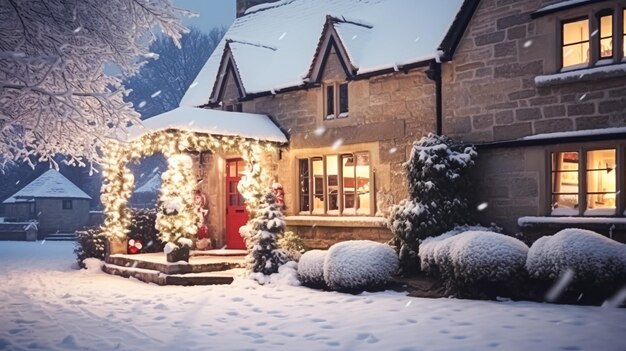Weihnachten im Landhaus und im weihnachtlich geschmückten Garten an einem verschneiten Winterabend mit Schnee und Weihnachtsbeleuchtung, inspiriert vom englischen Landhausstil