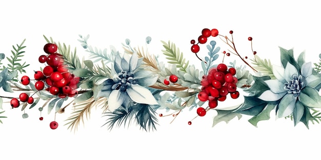 Weihnachten nahtlose Grenze Aquarell Banner Weihnachtsstern Tannenzweige Zapfen Ilex Stechpalme Beere Urlaub Illustration