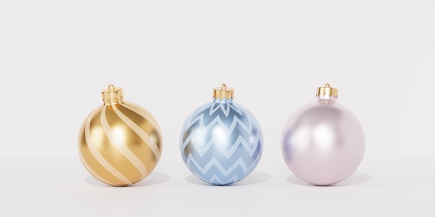 Weihnachten oder Neujahr Banner Hintergrund mit goldenen und blauen Kugeln oder Ornamenten, 3D-Rendering
