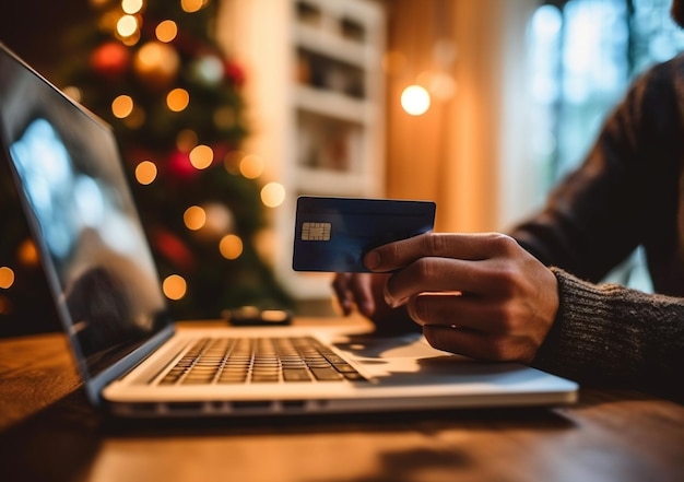 Weihnachten Online-Shopping Mann kaufen Bestellung auf Laptop-Computer Weihnachtsgeschenke Mann mit Kreditkarte AI generiert