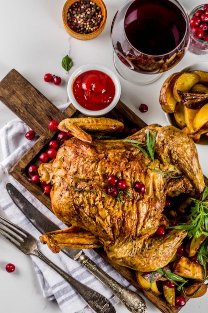 Weihnachten, Thanksgiving-Essen, gebackenes Brathähnchen mit Preiselbeeren und Kräutern