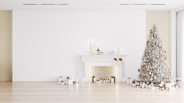 Weihnachten und frohes neues Jahr mit minimalem Innenraum Wohnzimmer Weihnachtsbaum weißer Wandhintergrund Holzboden 3D-Rendering