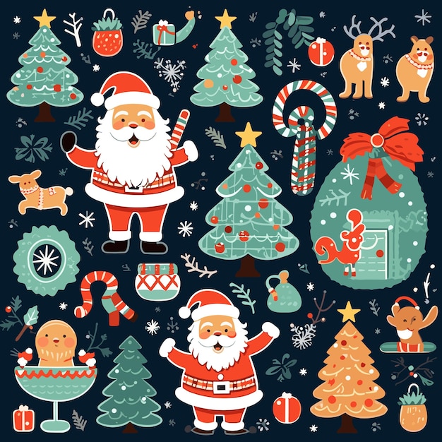 Weihnachten und frohes neues Jahr Zeichentrickfiguren und Elemente