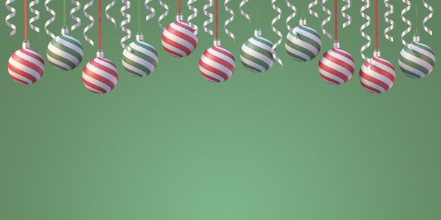 Weihnachten und Neujahr Dekoration Hintergrund mit Weihnachtskugel und Band auf grünem Hintergrund, 3D-Render-Hintergrund