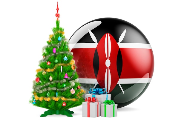 Weihnachten und Neujahr in Kenia Konzept Weihnachtsbaum und Geschenkboxen mit kenianischer Flagge 3D-Rendering