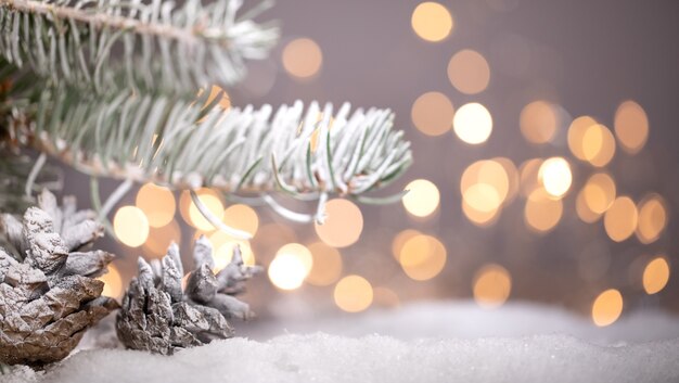 Weihnachten und Neujahr Urlaub Hintergrund. Wintersaison. Grußkarte mit Tannenzweigen und Tannenzapfen
