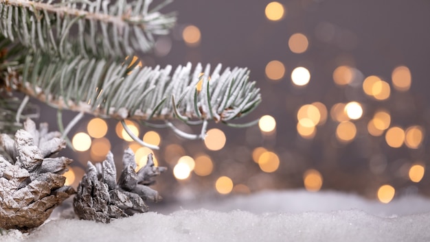 Weihnachten und Neujahr Urlaub Hintergrund. Wintersaison. Grußkarte mit Tannenzweigen und Tannenzapfen