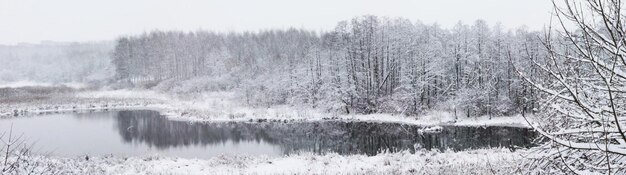 Weihnachten und Neujahr Winterlandschaft Ein buntes Kreuzworträtsel aus verschneiten Ästen spiegelt sich in der Wasseroberfläche des Sees