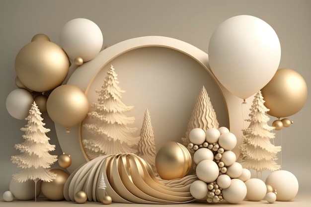Weihnachten, Weißgold, Weihnachtsballons, goldener Weihnachtsbaum mit Kranz