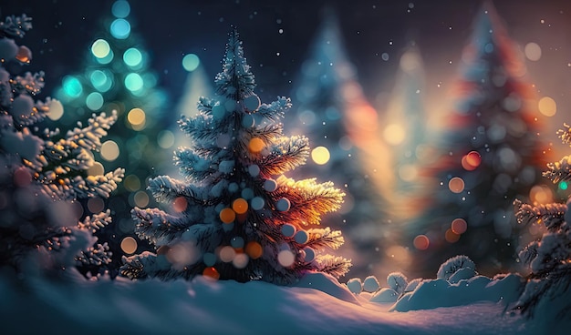 Foto weihnachten winter verschwommener hintergrund weihnachtsbaum mit schnee dekoriert mit girlande lichter urlaub festlichen hintergrund