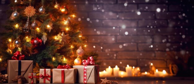 Weihnachten, Zuhause, Zimmer, Geschenkbox, Unter, Baum, Mit, Lichter, Und, Kamin
