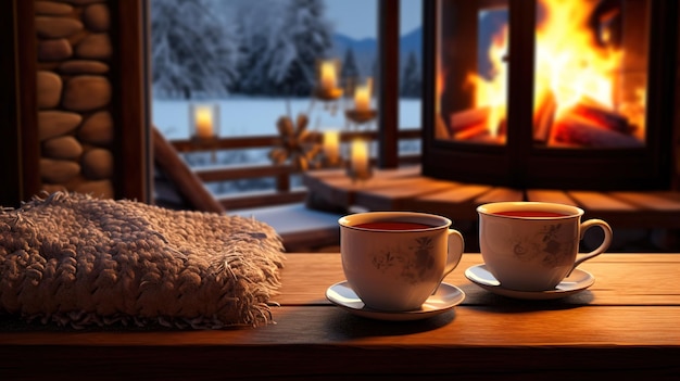 Weihnachten zwei Tassen Tee auf dem Tisch der Kamin ist angezündet Generative KI
