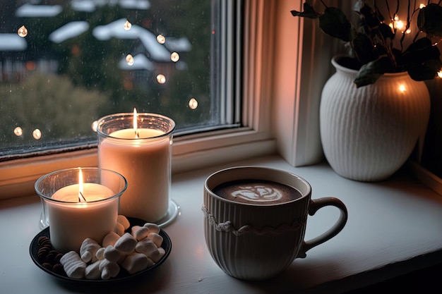 Weihnachtliche Kaffee-Marshmallow-Kerzen und Girlanden auf der Fensterbank sorgen für eine gemütliche Winterstimmung