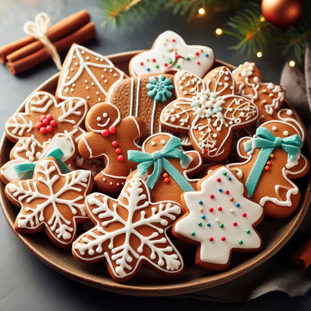 Weihnachtliche Lebkuchen- und Zuckerplätzchen, dekoriert mit königlichem Zuckerguss auf einem Teller mit Kopierraum