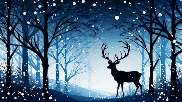 Weihnachtliche Winterlandschaft mit Schneeverwehungen, Bergdorf, Wald, Kiefern, Rentieren, Feiertagsnaturhintergrund mit Fuchshügelhäusern, Weihnachtspanoramabanner mit winterlicher Umrisslandschaft