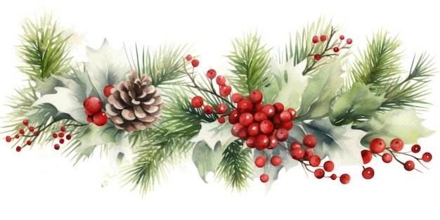 Weihnachts-Aquarell-Dekor mit immergrünen Stechpalmenbeeren und Tannenzapfen, horizontale Anordnung