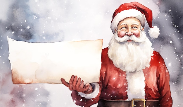 Weihnachts-Aquarell-Illustration des Weihnachtsmanns mit einem Schild mit freiem Platz für Text-KI-Generierung