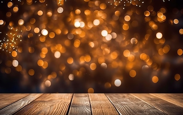 Weihnachts-Bokeh-Hintergrund, Holzhintergrund mit Bokeh-Glitzersternen, rustikalem Holz und Hintergrund für die Produktpräsentation AI Generative