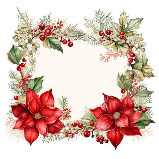 Weihnachts-Botanikkränze Blumenrand Aquarell isolierte Illustration KI-Generativ