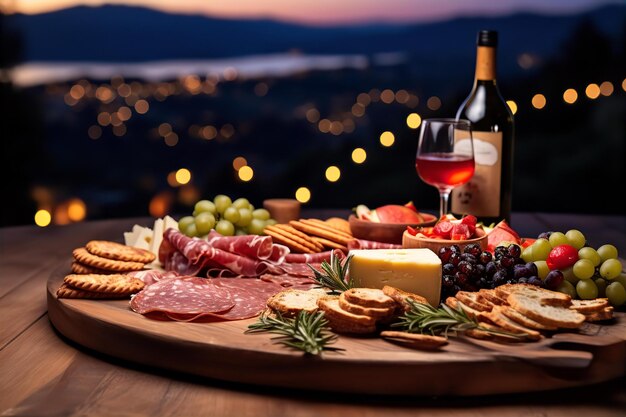 Weihnachts-Charcuterie-Tisch mit Wein zum Abendessen auf dem Holztisch und Natur im Hintergrund