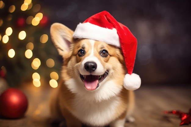 Weihnachts-Corgihund mit Weihnachtenmütze auf Bokeh-Holiday-Hintergrund