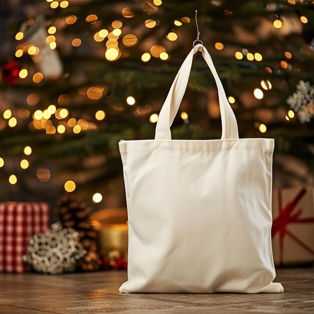 Weihnachts-Einzelhandel Magic Plain White Tote Bag Mockup in der Weihnachten-Szene