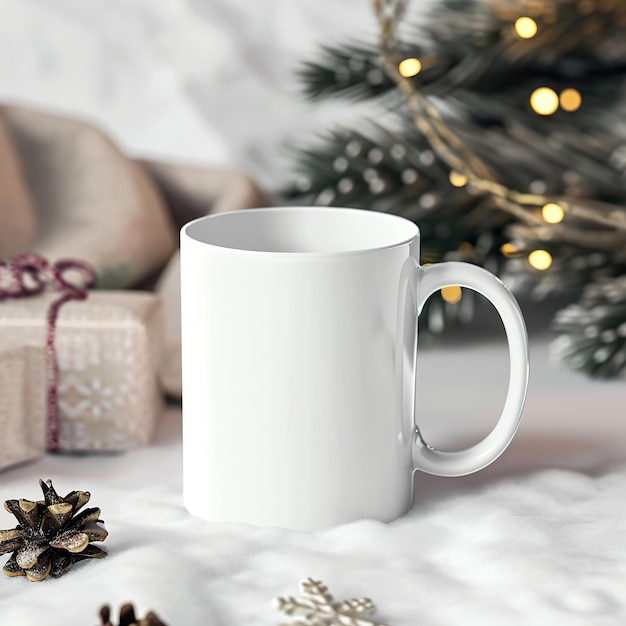 Weihnachts Eleganz Blank White Mug Mockup in festlicher Umgebung