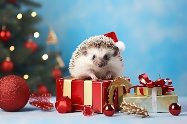 Foto weihnachts-festkomposition mit einer goldenen geschenkkiste mit einem igel