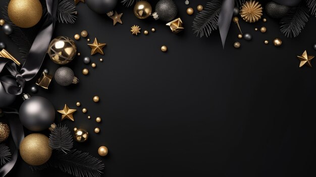 Foto weihnachts-flat-lay-komposition mit eleganten schwarzen und goldenen elementen luxus-festa-generative ki