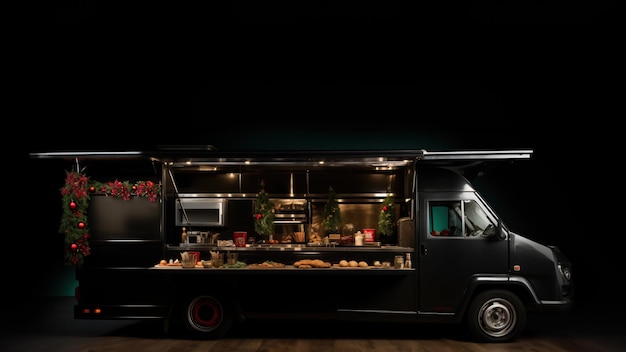 Weihnachts-Food-LKW für Straßennahrung, isoliert auf schwarzem Hintergrund mit leerem Raum für Text