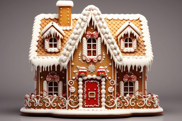 Weihnachts-Gingerbread-Haus auf dem grauen Hintergrund, KI-generierte Illustration