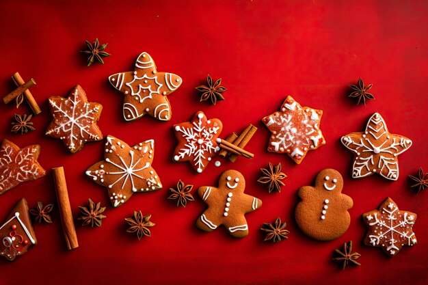 Weihnachts-Gingerbread-Kekse auf rotem Hintergrund