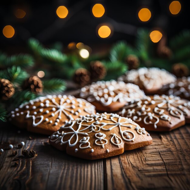 Foto weihnachts-gingerbread-kekse gingerbrötchen und fichtenzweige auf holzgrund