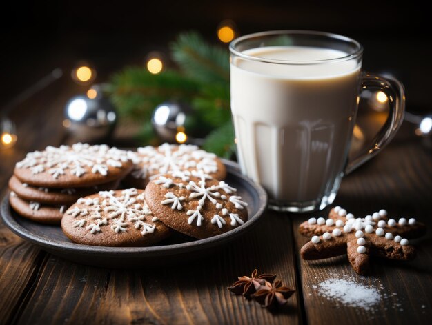 Weihnachts-Gingerbread-Kekse und eine Tasse heißer Kakao auf einem hölzernen Hintergrund