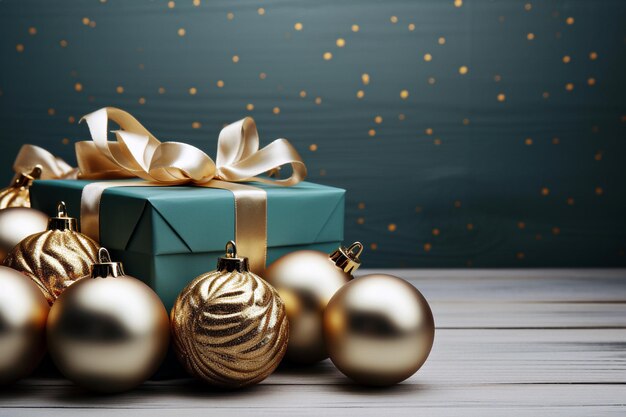 Weihnachts-Glückwunschkarte, Goldkugeln und Geschenkkiste auf Bokeh-Hintergrund