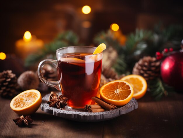 Weihnachts-Glühwein mit aromatischen Gewürzen und Zitrusfrüchten Weihnachten-Hintergrund