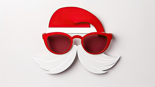 Weihnachts-Grüßkarte mit einem Papier-Hipster-Weihnachtsmann-Bart-Schnurrbart und Xmas-Hut gegen einen Hintergrund im modernen Papierschnitt-Stil Generative KI