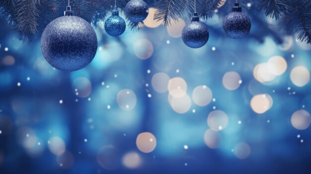 Foto weihnachts-hintergrund mit blauen weihnachtskugeln und tannenzweigen auf bokeh-huntergrund generative ki