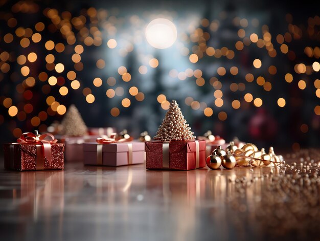Weihnachts-Hintergrund mit Neujahrs-Spielzeug und Geschenken Generative KI