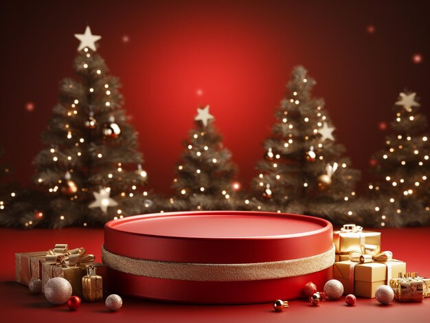 Weihnachts-Hintergrund mit rotem Podium und Geschenkkisten 3D-Rendering Generative KI