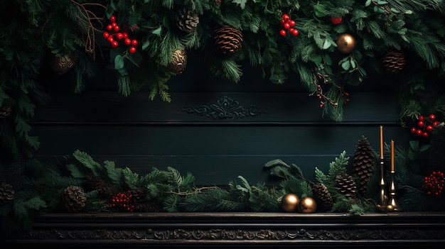 Weihnachts-Hintergrund mit Tannenzweigen, Kerzen und Dekorationen auf dunklem Hintergrund